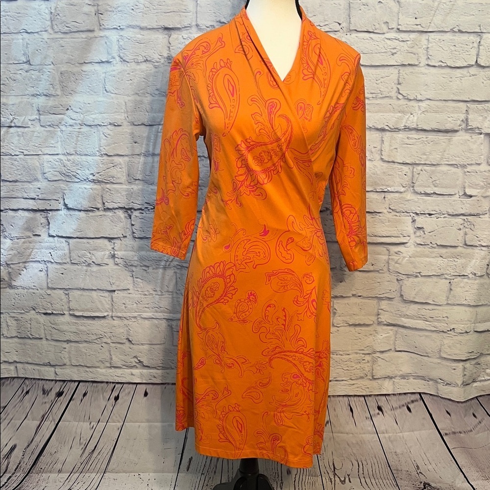 J. McLaughlin Faux Wrap Dress 3/4 Sleeves Catalina Cloth Paisley Surplice Neck